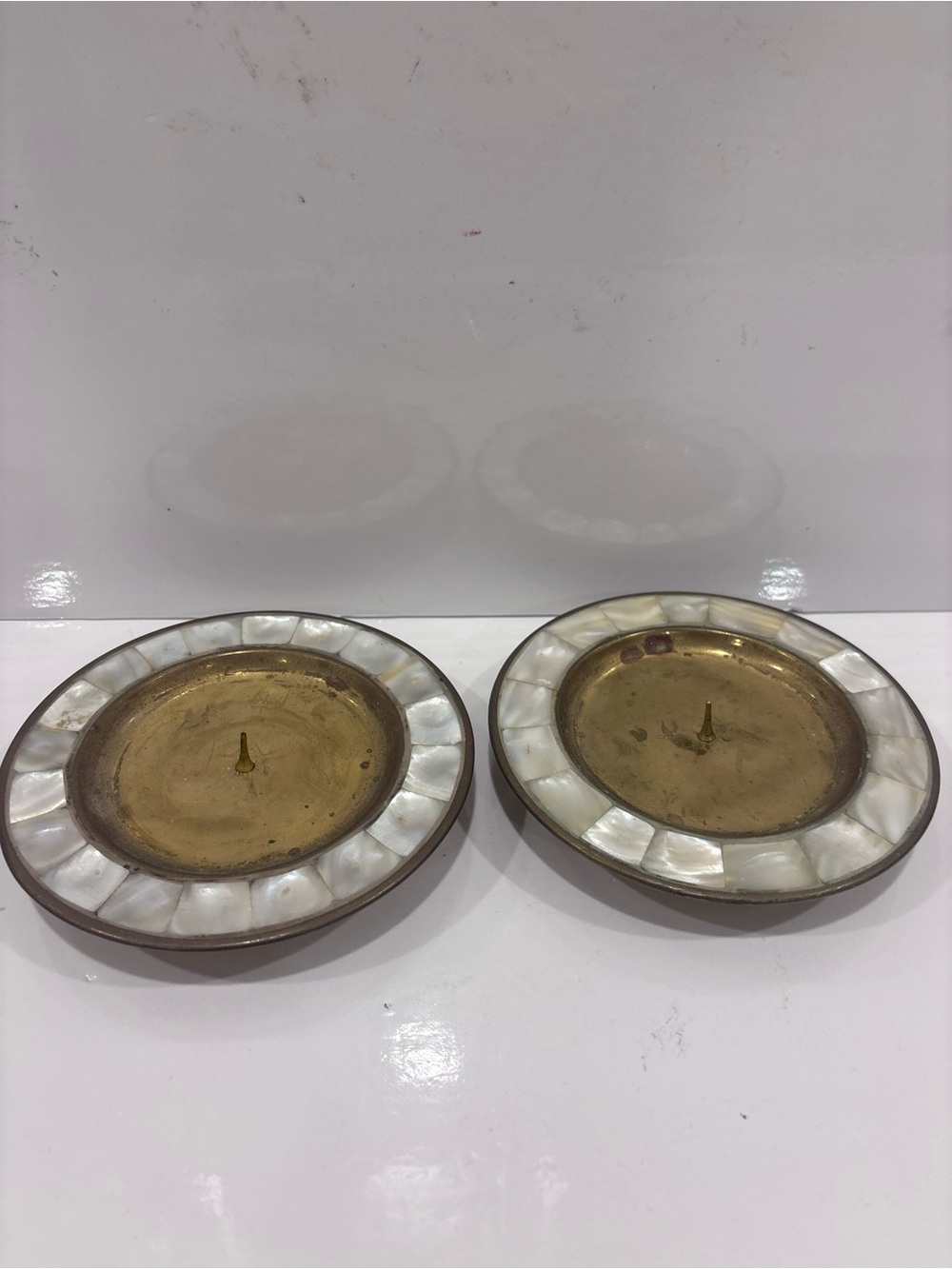 Vintage brass and mother of pearl footed candle holders round 5.5” mid century